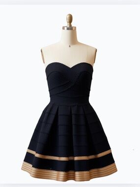 Alythea Strapless Black & Gold Fit-and-Flare Dress, Bandage Tapestry Embroidered